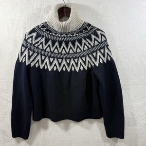 HM Womens Navy Blue‎ Fair Isle Turtleneck Sweater Geometric Knit Wool Blend S